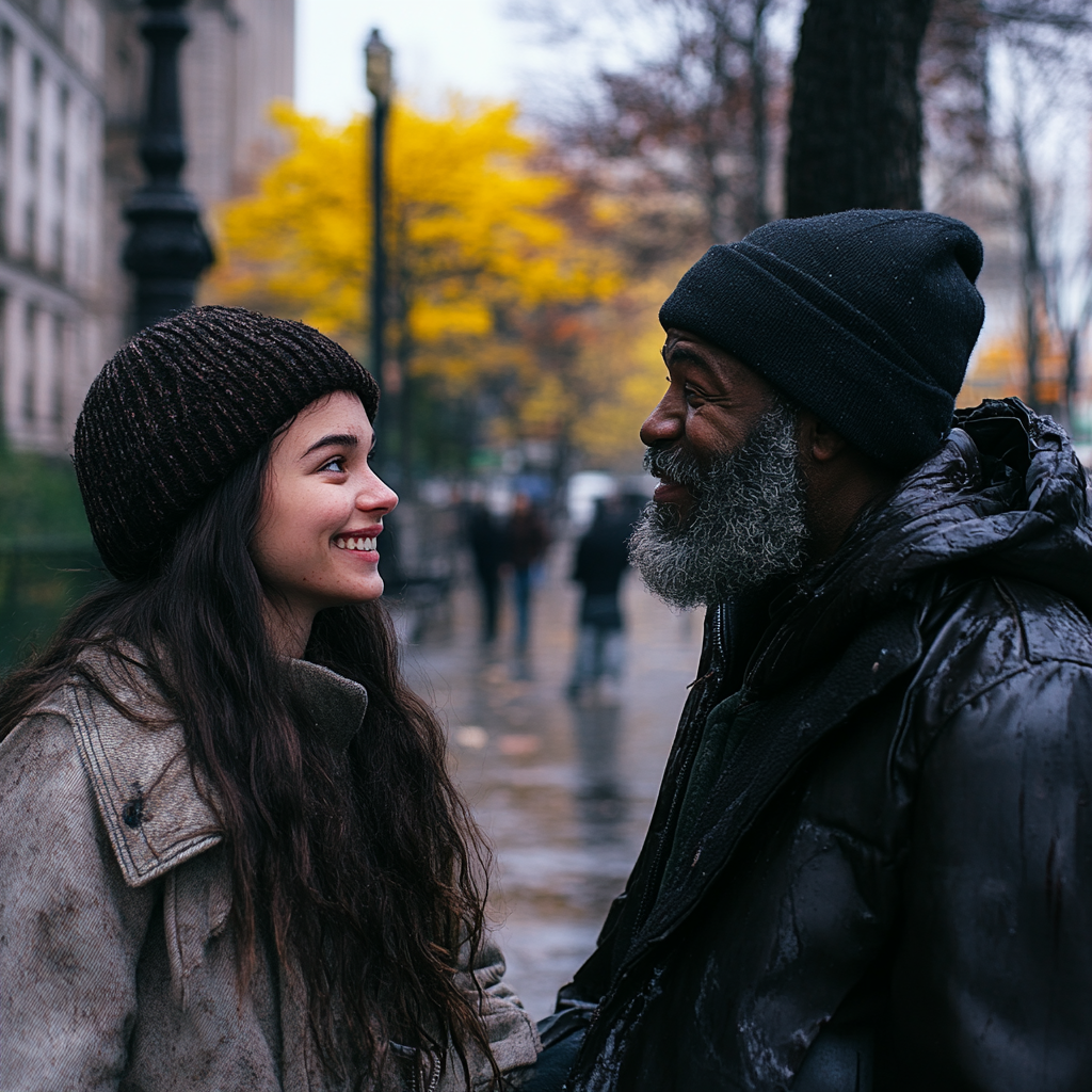 Una mujer sonriente hablando con un hombre | Fuente: Midjourney