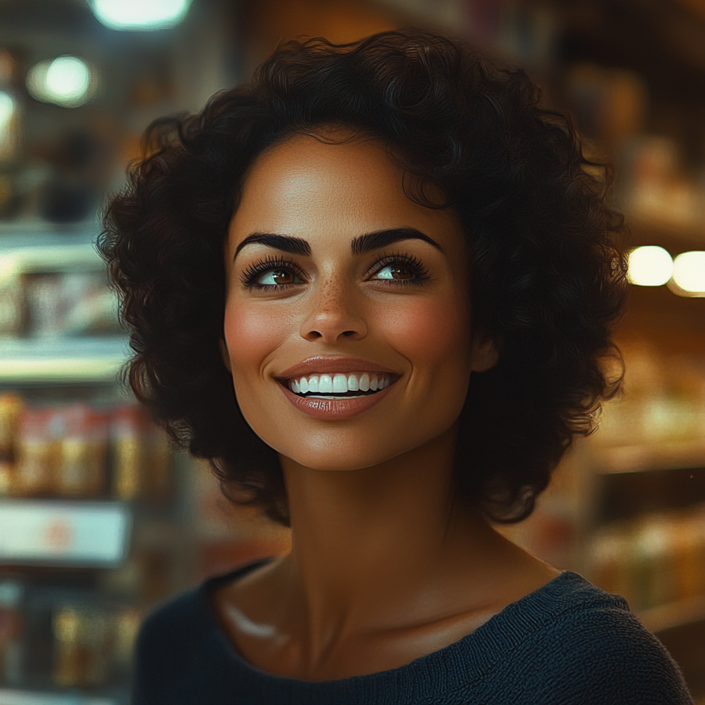 Una mujer sonriente en una tienda de comestibles | Fuente: Midjourney