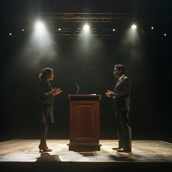 Una pareja discutiendo en el escenario con un podio y un micrófono entre ellos | Fuente: Midjourney