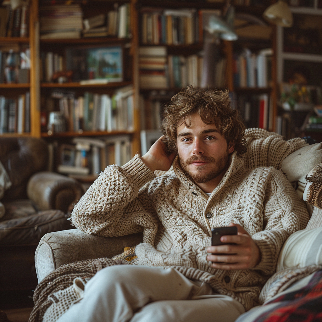 Un hombre con su teléfono en el sofá | Fuente: Midjourney