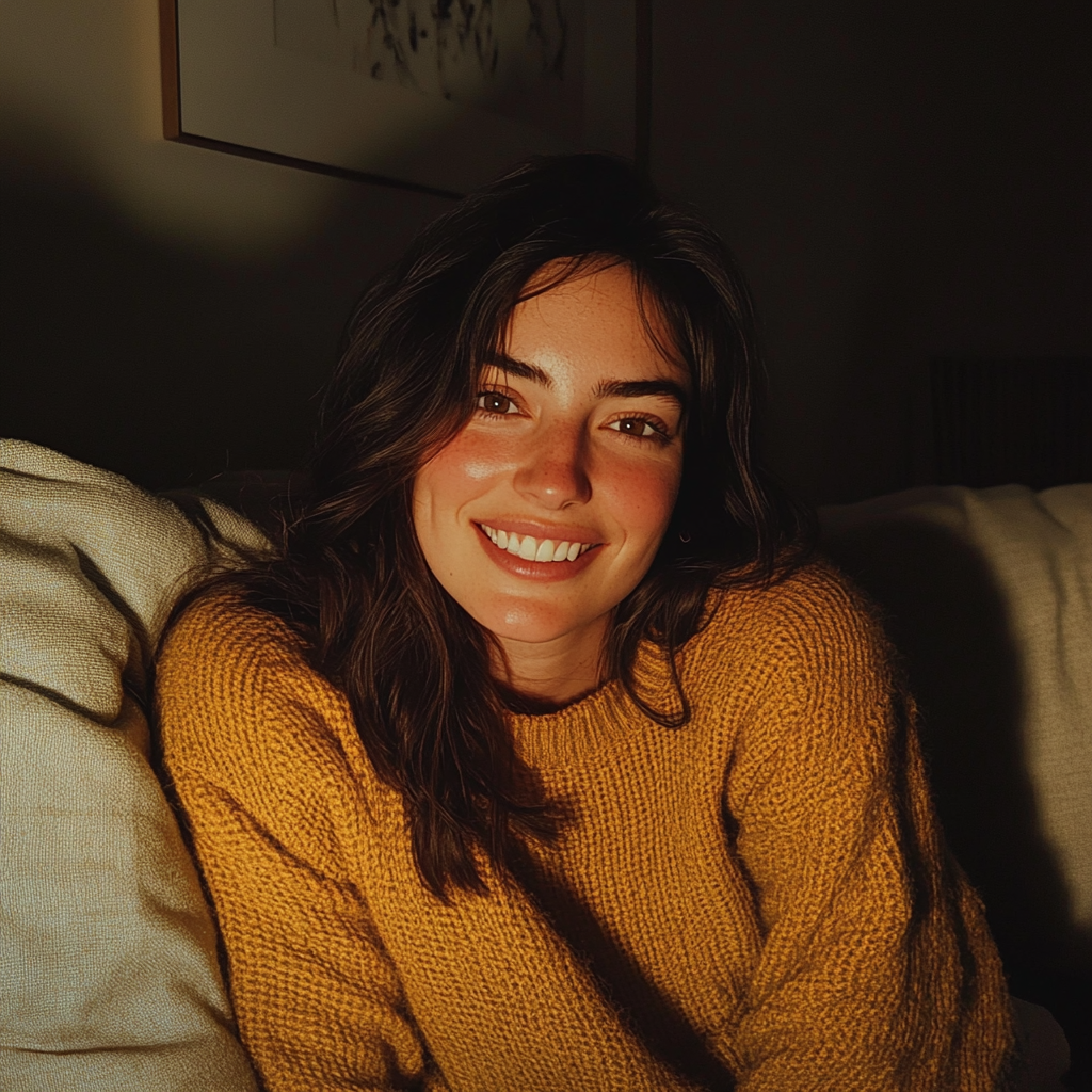 Una mujer sonriente sentada en un sofá | Fuente: Midjourney