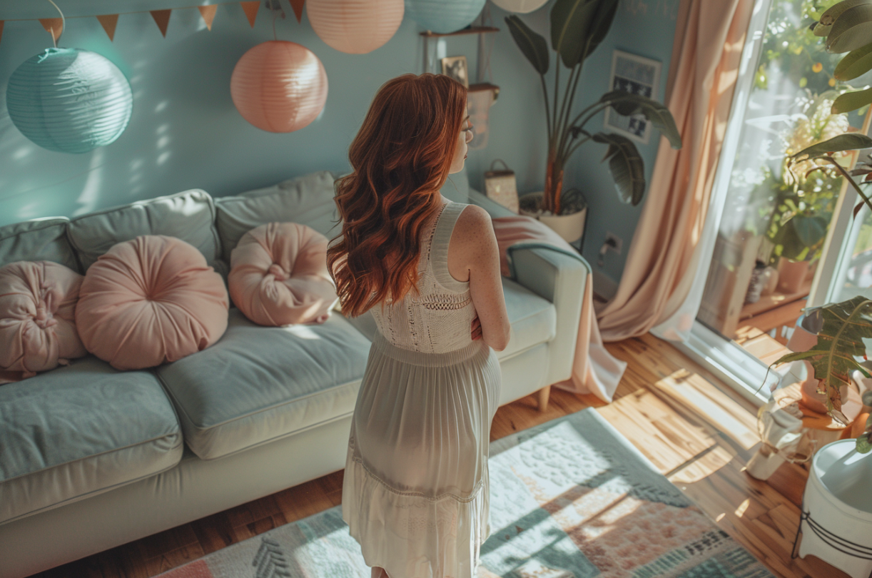 Una mujer admirando la decoración de su baby shower | Fuente: Midjourney