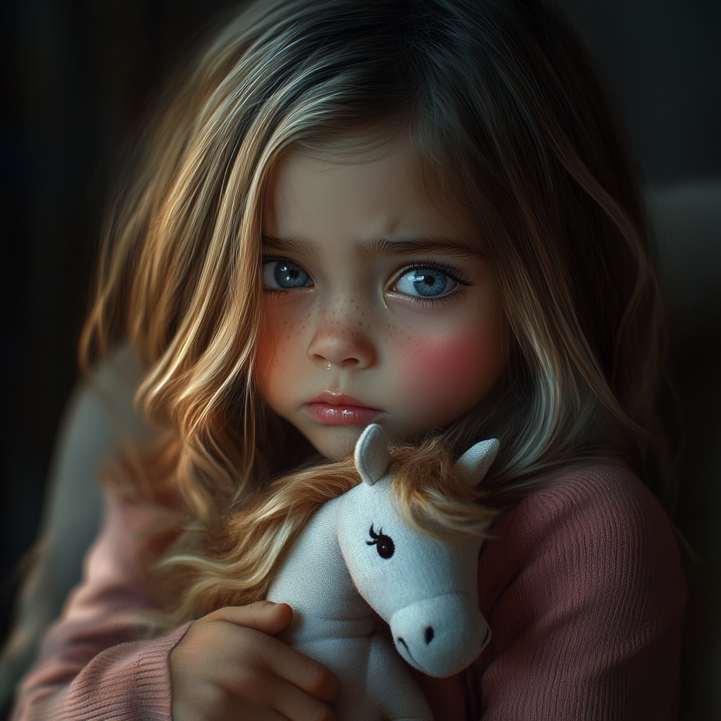 Una niña triste con un unicornio de peluche en la mano | Fuente: Midjourney