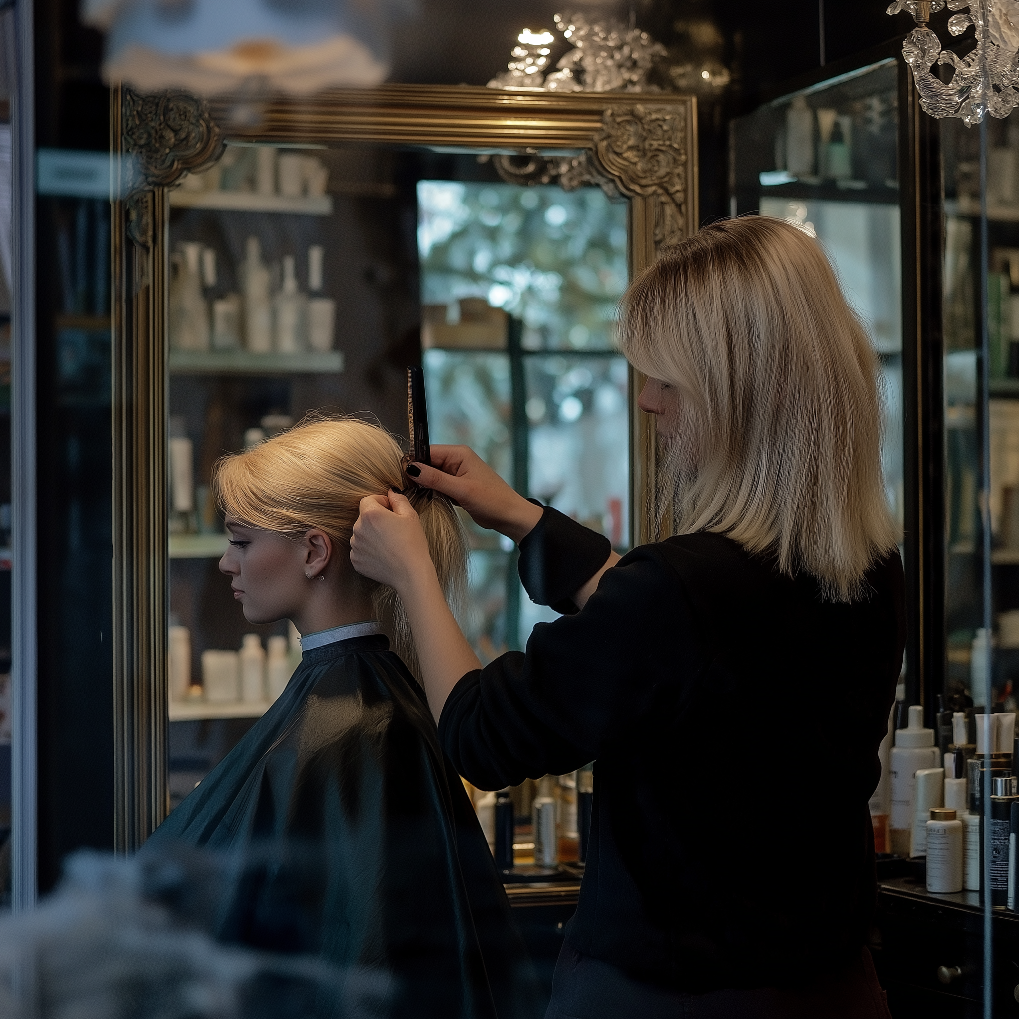 Peluquera cortando el cabello a una mujer rubia | Fuente: Midjourney