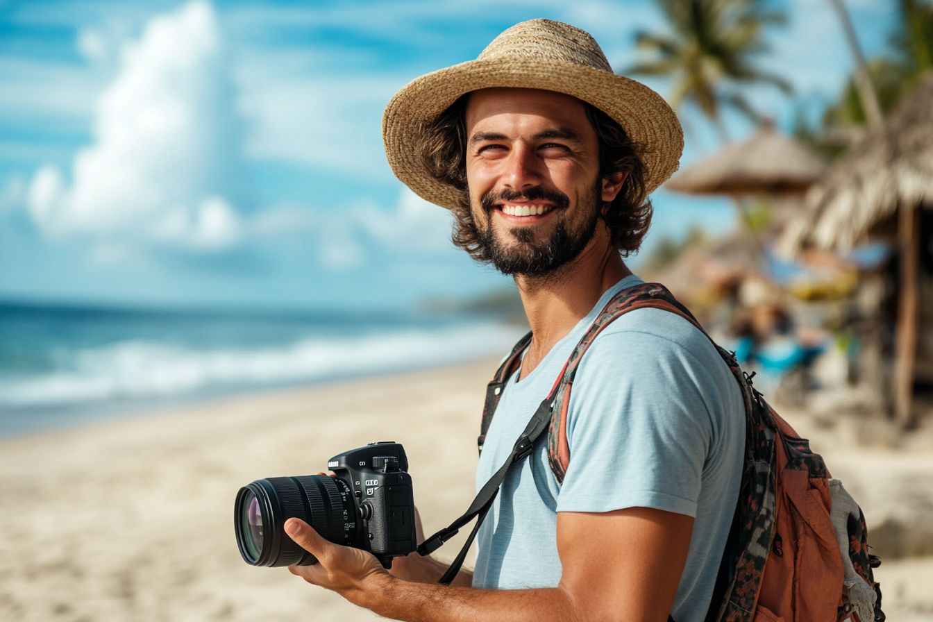 Un hombre con una cámara en la playa | Fuente: Midjourney