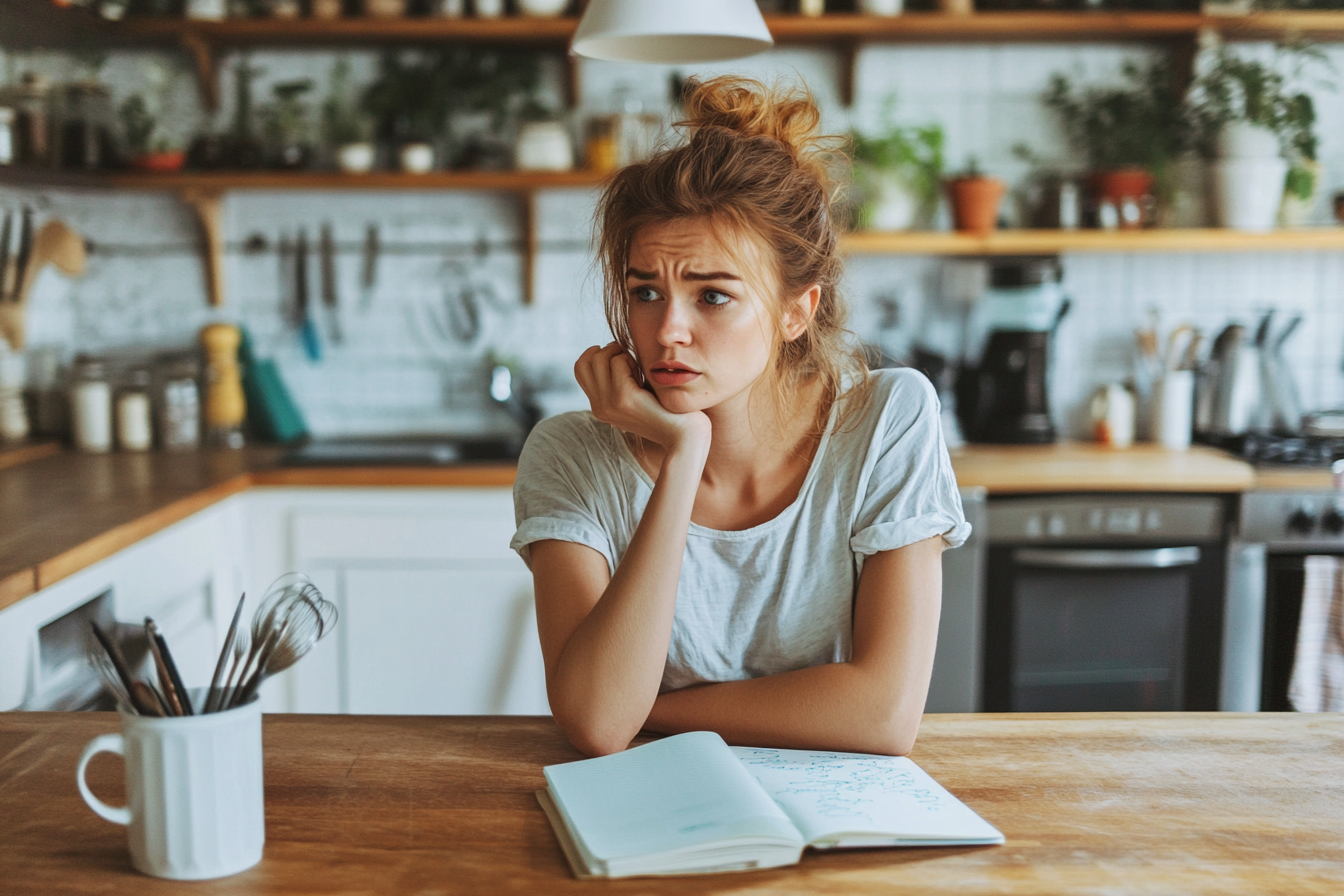 Una mujer reflexiva sentada a la mesa de la cocina con un cuaderno | Fuente: Midjourney