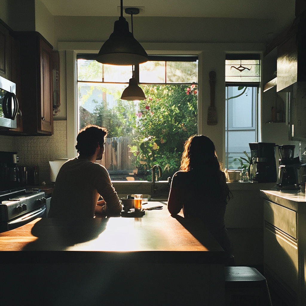 Una pareja sentada en la encimera de una cocina | Fuente: Midjourney