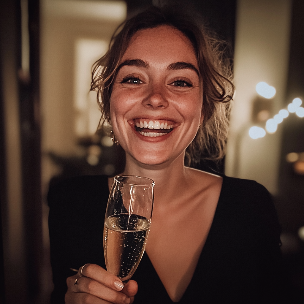 Una mujer sonriente con una copa de champán en la mano | Fuente: Midjourney