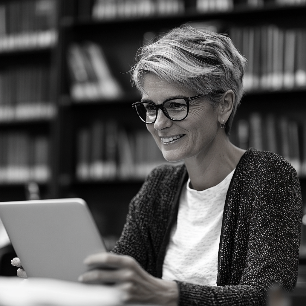 Una mujer feliz en una biblioteca | Fuente: Midjourney