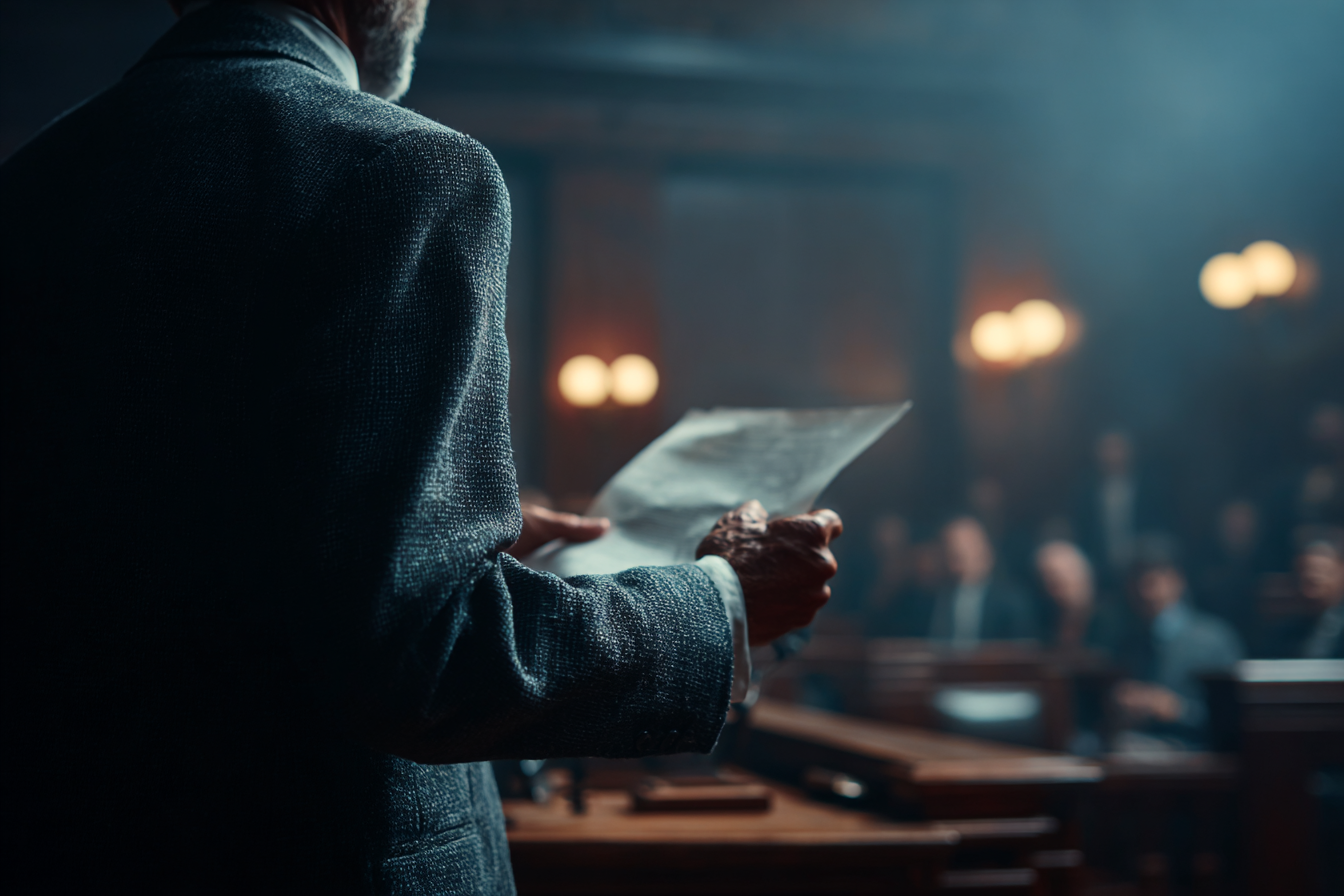 Un juez de pie en un tribunal | Fuente: Midjourney