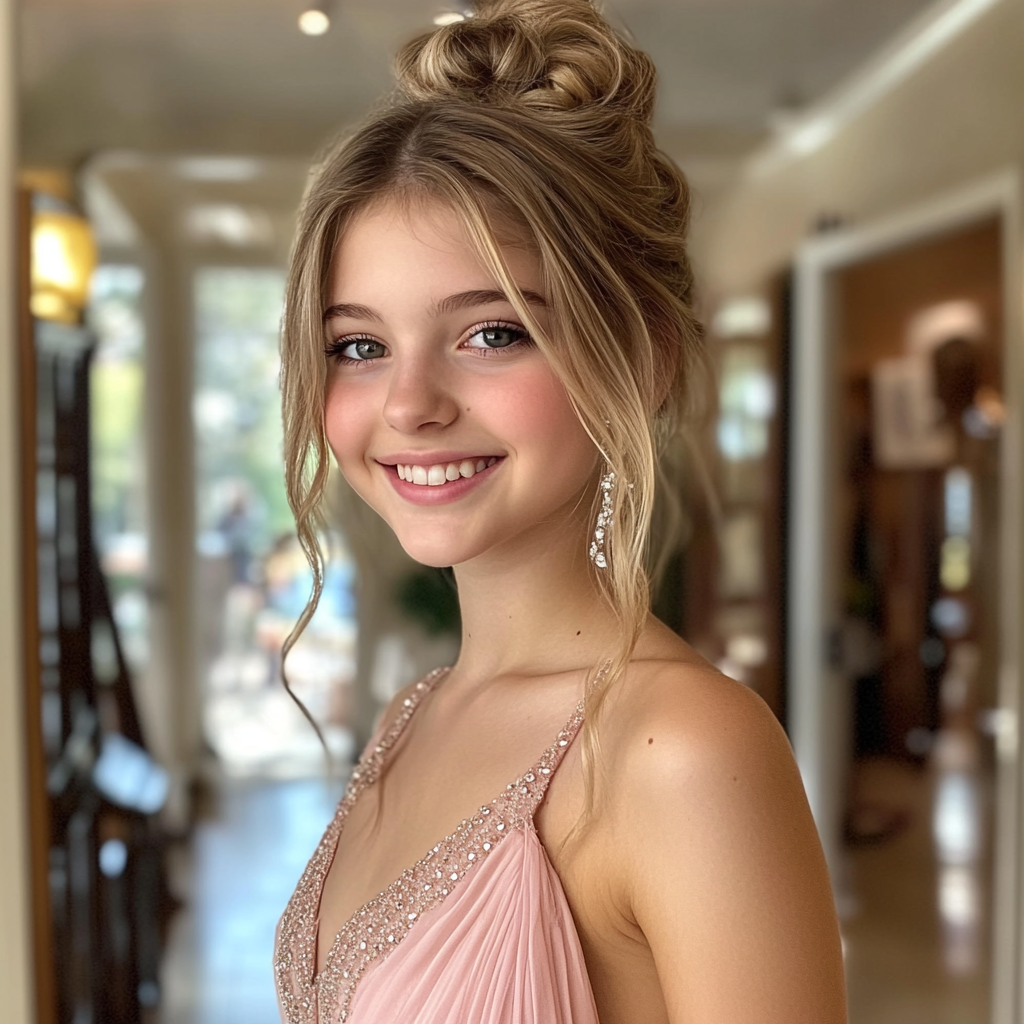Una adolescente probándose un vestido | Fuente: Midjourney