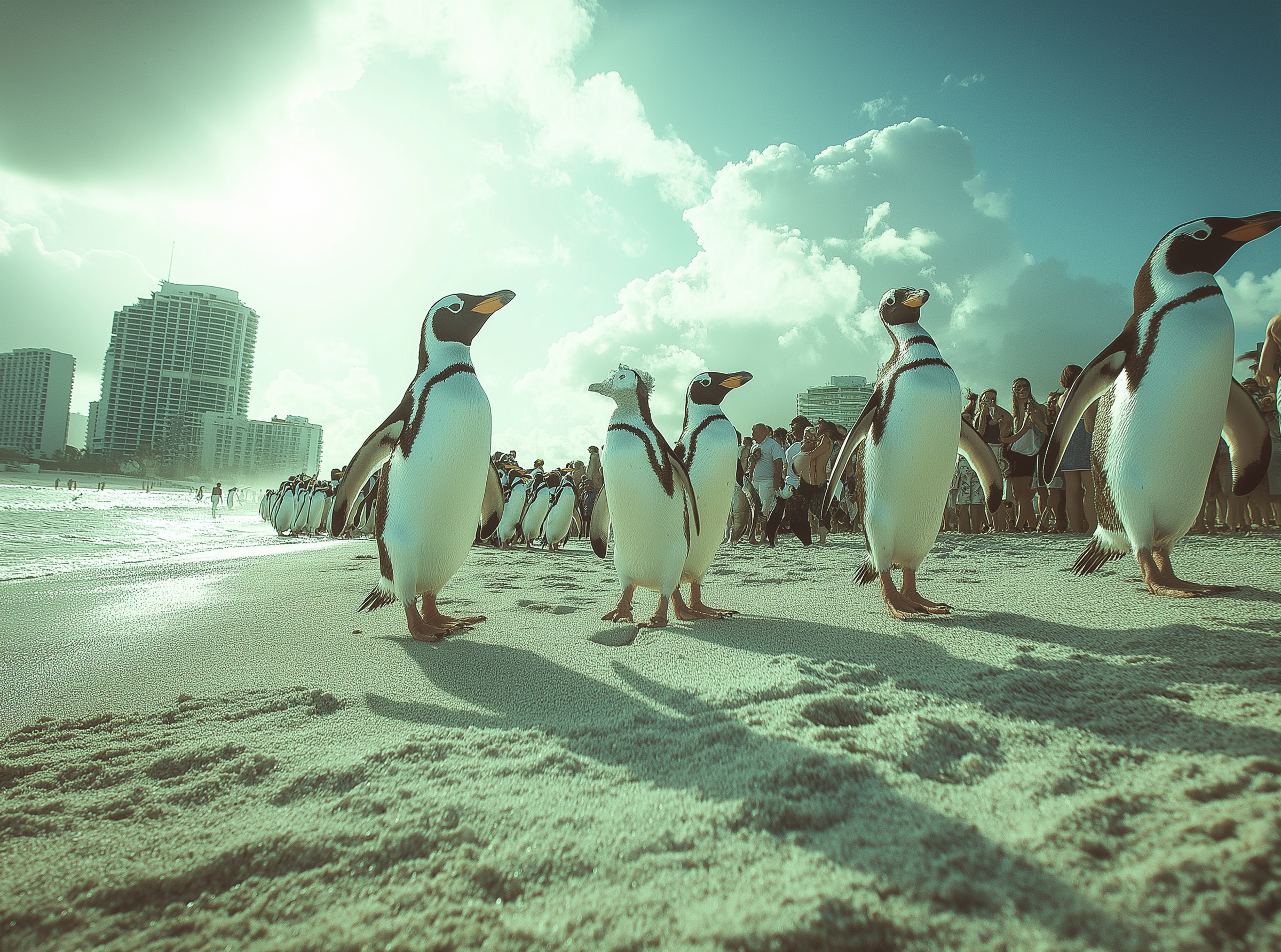 Pingüinos caminando por una playa soleada | Fuente: Midjourney