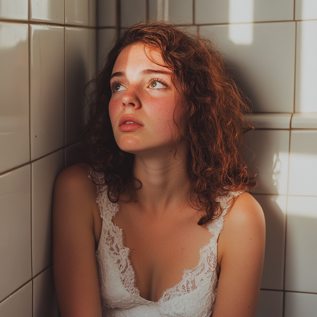 Una joven de pie en un cuarto de baño | Fuente: Midjourney