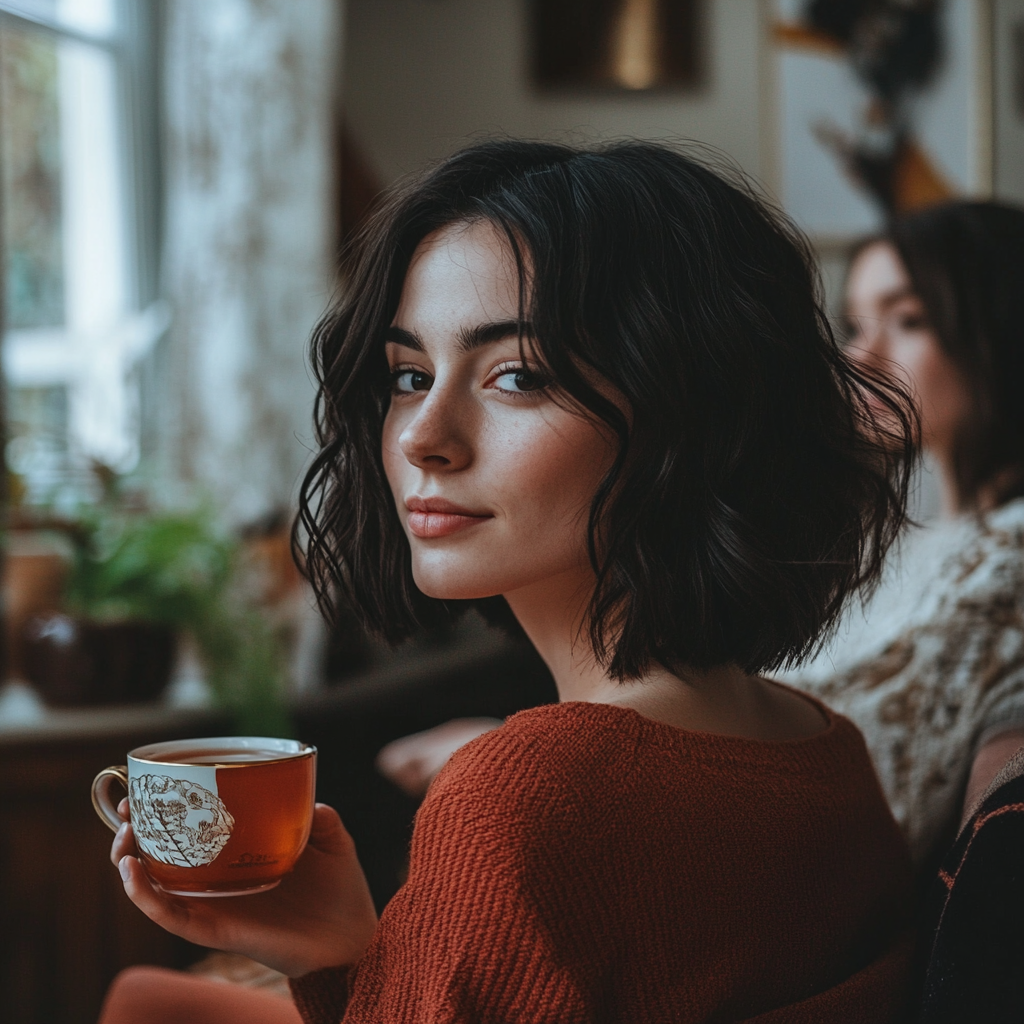 Una mujer bebiendo té en el salón de su casa | Fuente: Midjourney