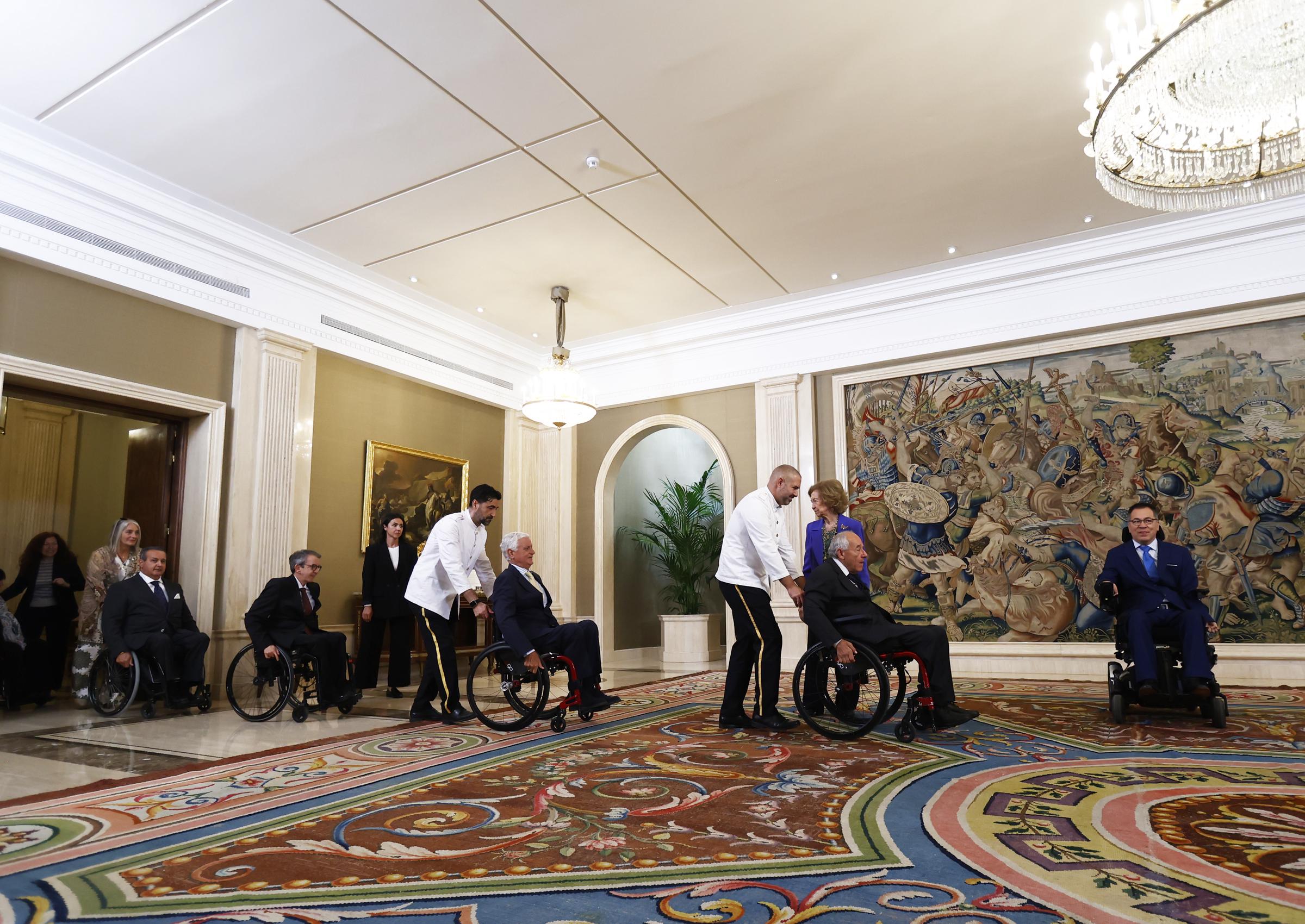 La reina Sofía durante la audiencia con representantes de la Fundación del Lesionado Medular, en el Palacio de la Zarzuela, el 20 de abril de 2026, en Madrid, España. | Fuente: Getty Images