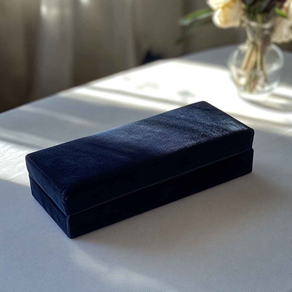 Una caja de terciopelo sobre una mesa | Fuente: Midjourney