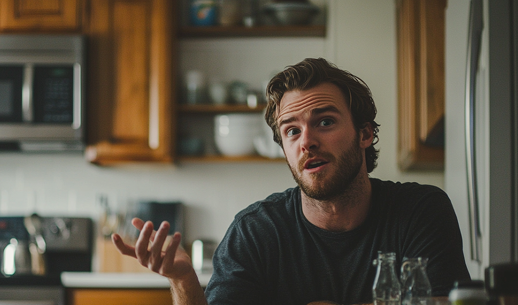 Un hombre hablando durante la cena en casa | Fuente: Midjourney