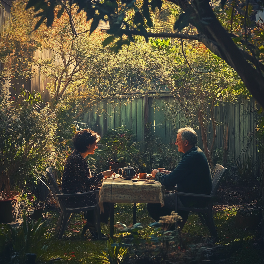 Pareja de ancianos tomando el té en su patio trasero | Fuente: Midjourney