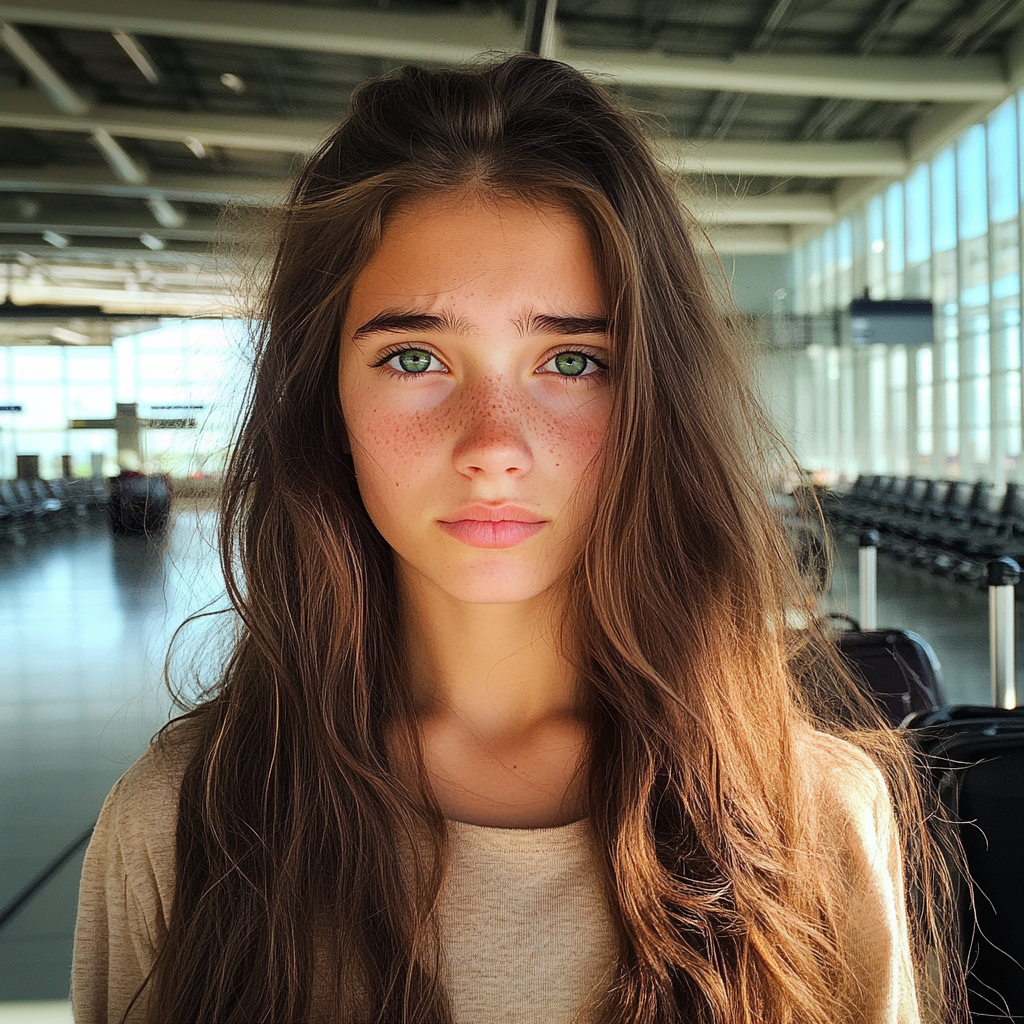 Una chica alterada en un aeropuerto | Fuente: Midjourney