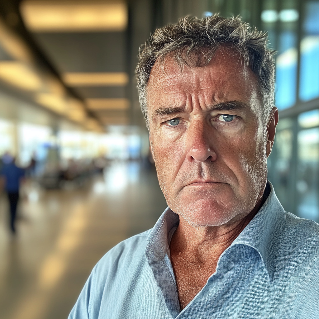 Un hombre mayor molesto de pie en un aeropuerto | Fuente: Midjourney