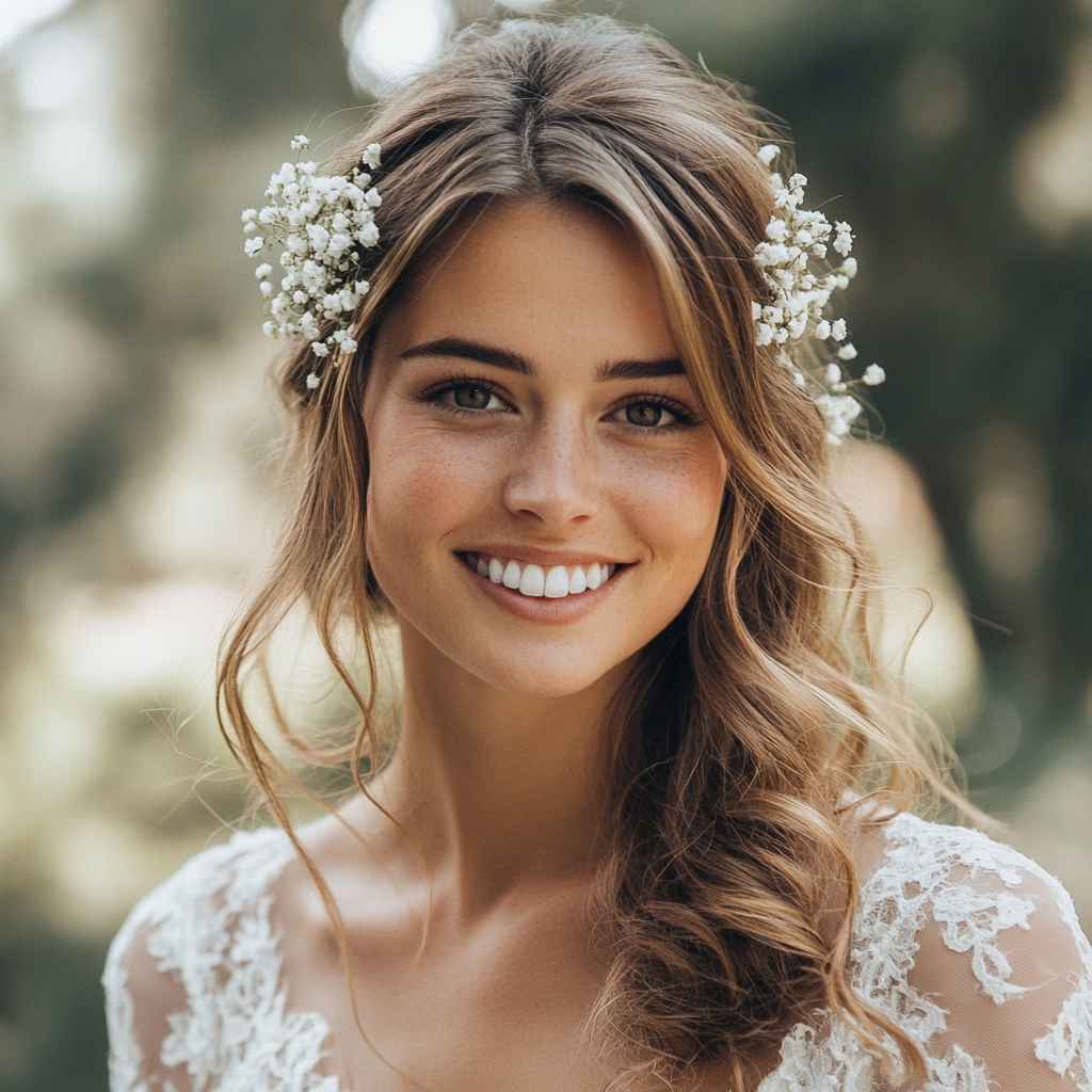 Una hermosa novia de pie en el exterior | Fuente: Midjourney