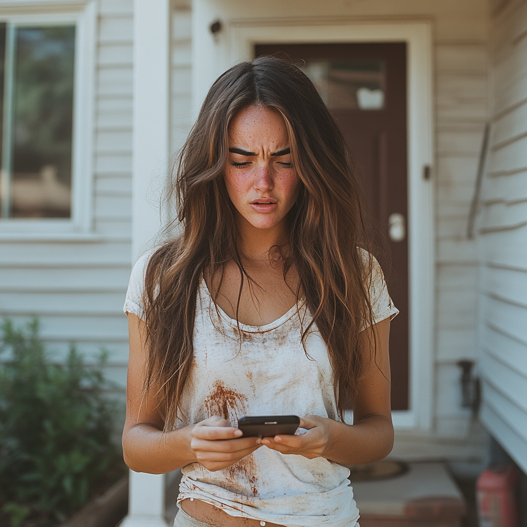 Una mujer alterada mirando un teléfono | Fuente: Midjourney