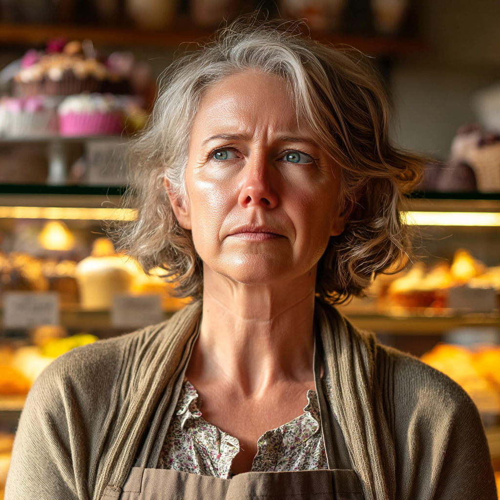 Una triste mujer de mediana edad de pie en una panadería | Fuente: Midjourney