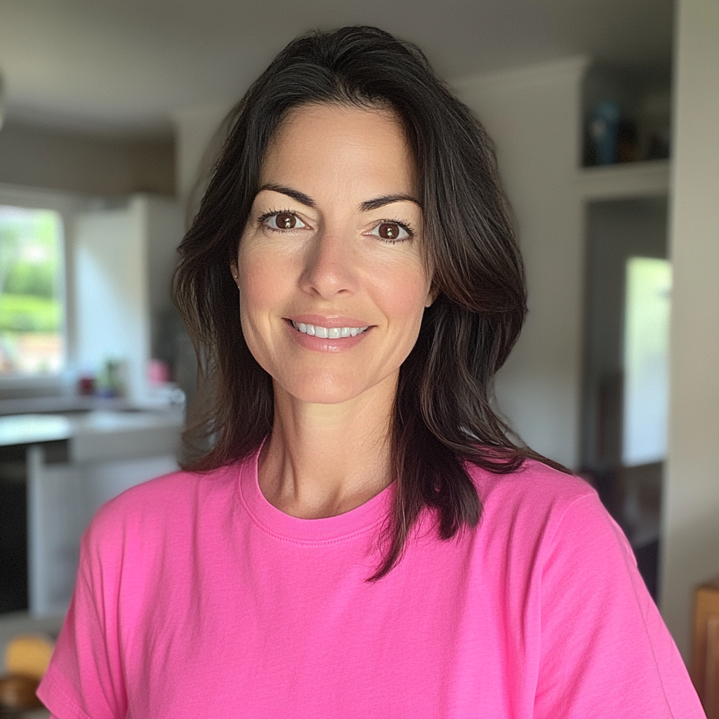 Una mujer sonriente con una camiseta rosa | Fuente: Midjourney