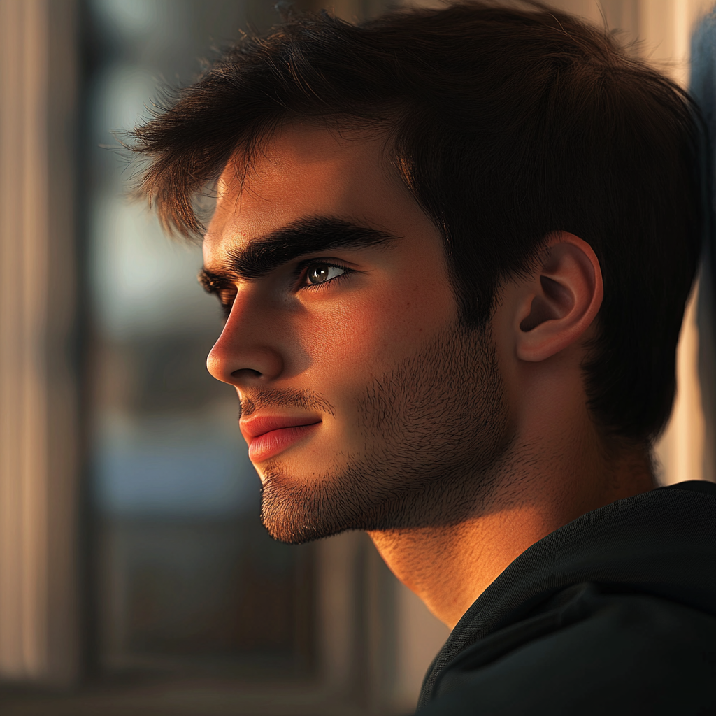 Un joven reflexivo mirando a alguien | Fuente: Midjourney