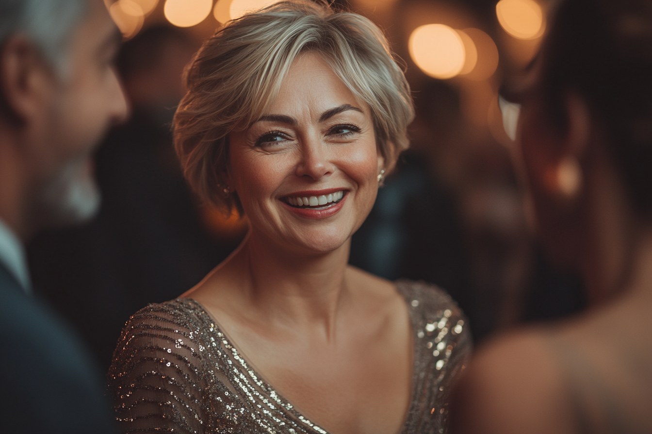 Una mujer elegante sonriendo en una fiesta | Fuente: Midjourney