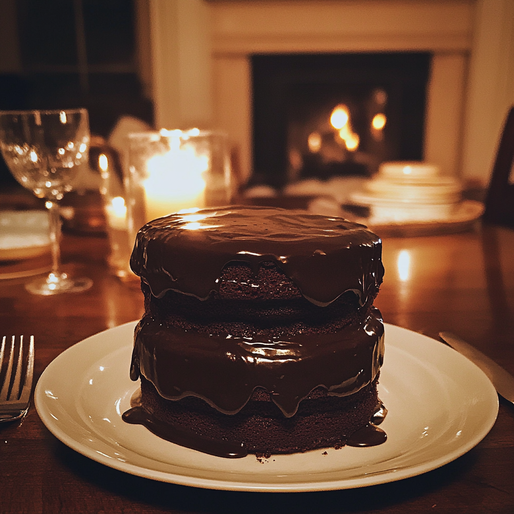 Una torta al cioccolato su un tavolo da pranzo | Fonte: Midjourney