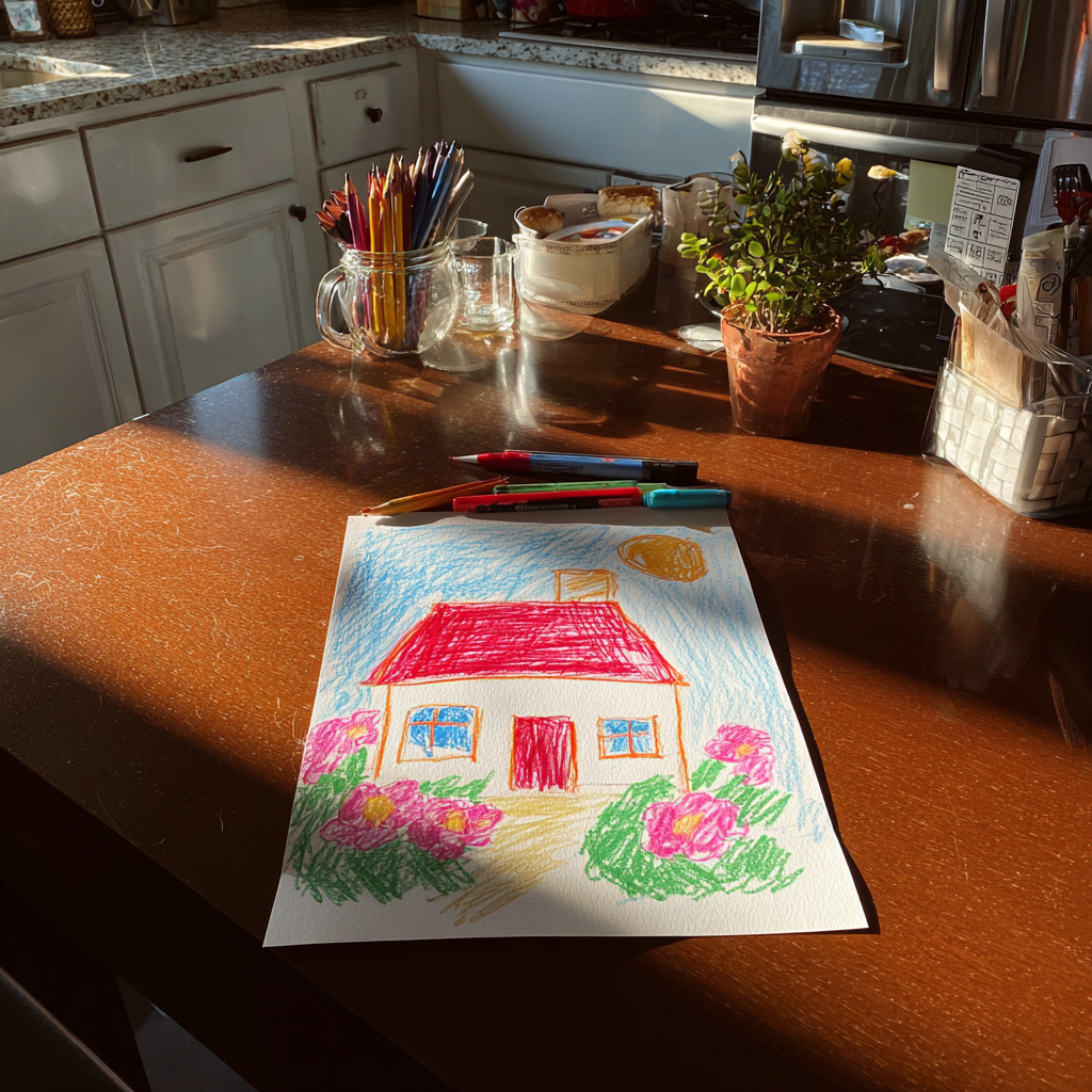 Il disegno di un bambino su un tavolo | Fonte: Midjourney