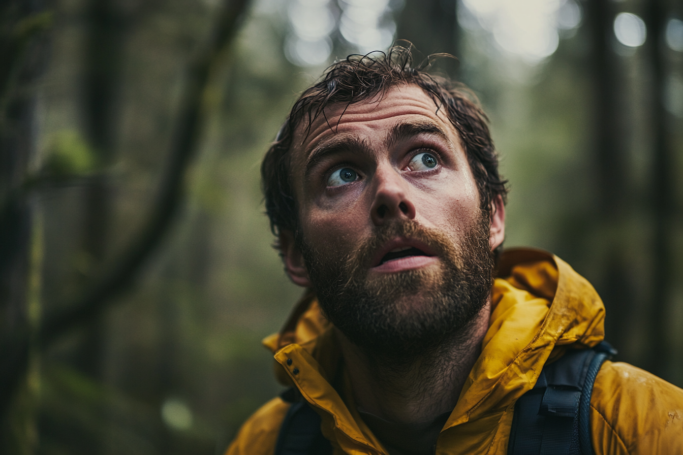 Un hombre mirando con aprensión en un bosque | Fuente: Midjourney