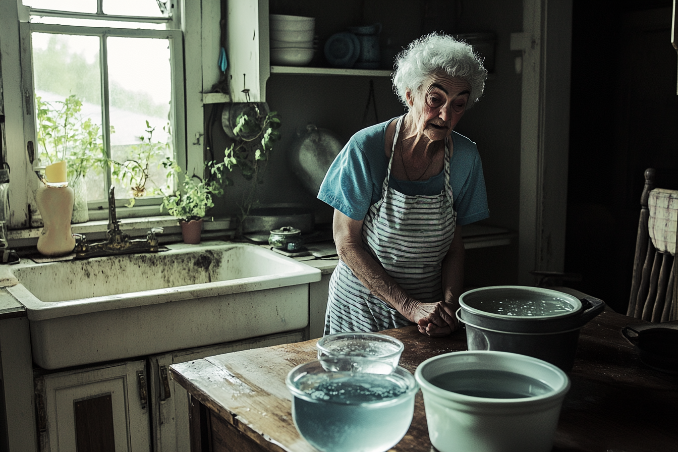 Una mujer mira preocupada unos contenedores llenos de agua | Fuente: Midjourney