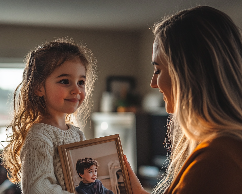 Niña pequeña con portarretrato de su hermano | Fuente: Midjourney