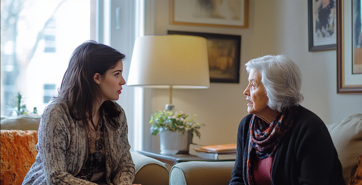 Dos mujeres hablando en un salón | Fuente: Midjourney