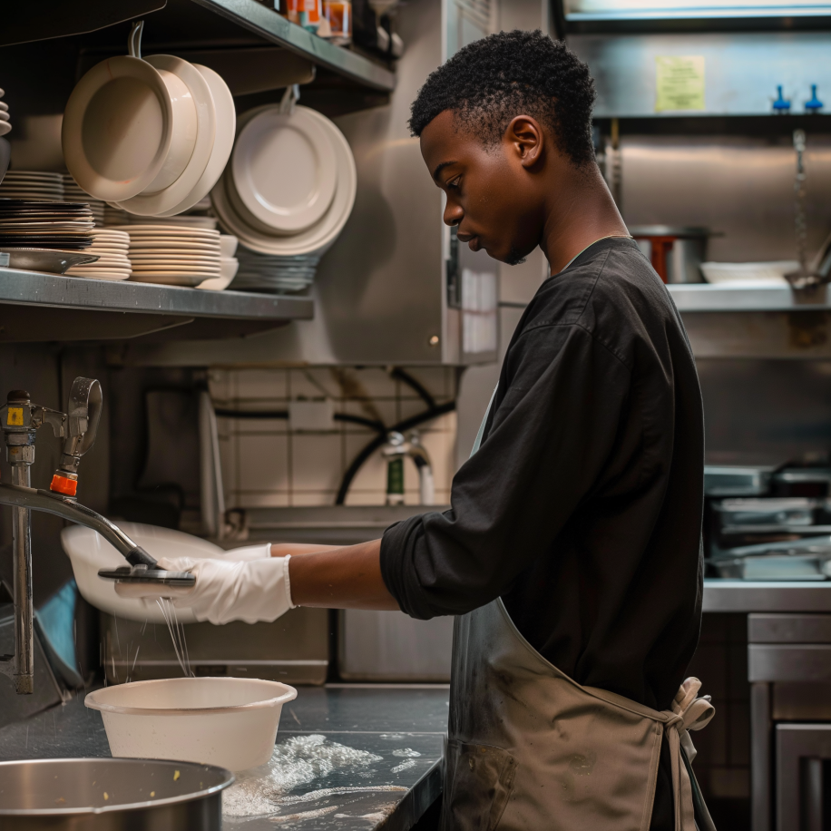 Un adolescente negro lava los platos en un restaurante | Fuente: Midjourney