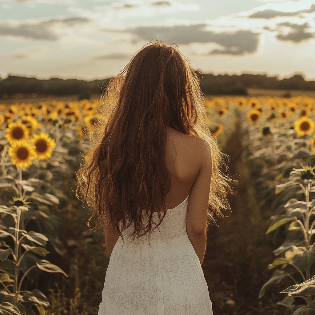 Una mujer de pie en un campo de girasoles | Fuente: Midjourney