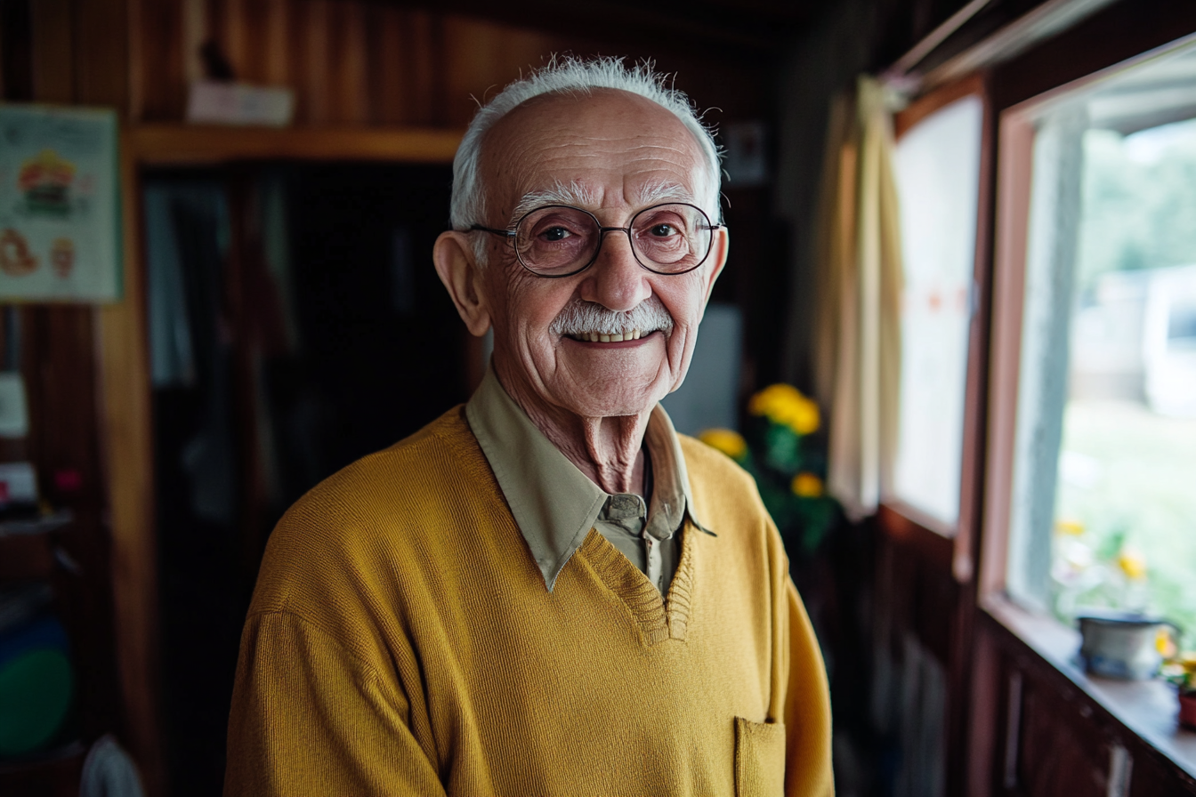 Un hombre mayor en su casa, sonriendo | Fuente: Midjourney