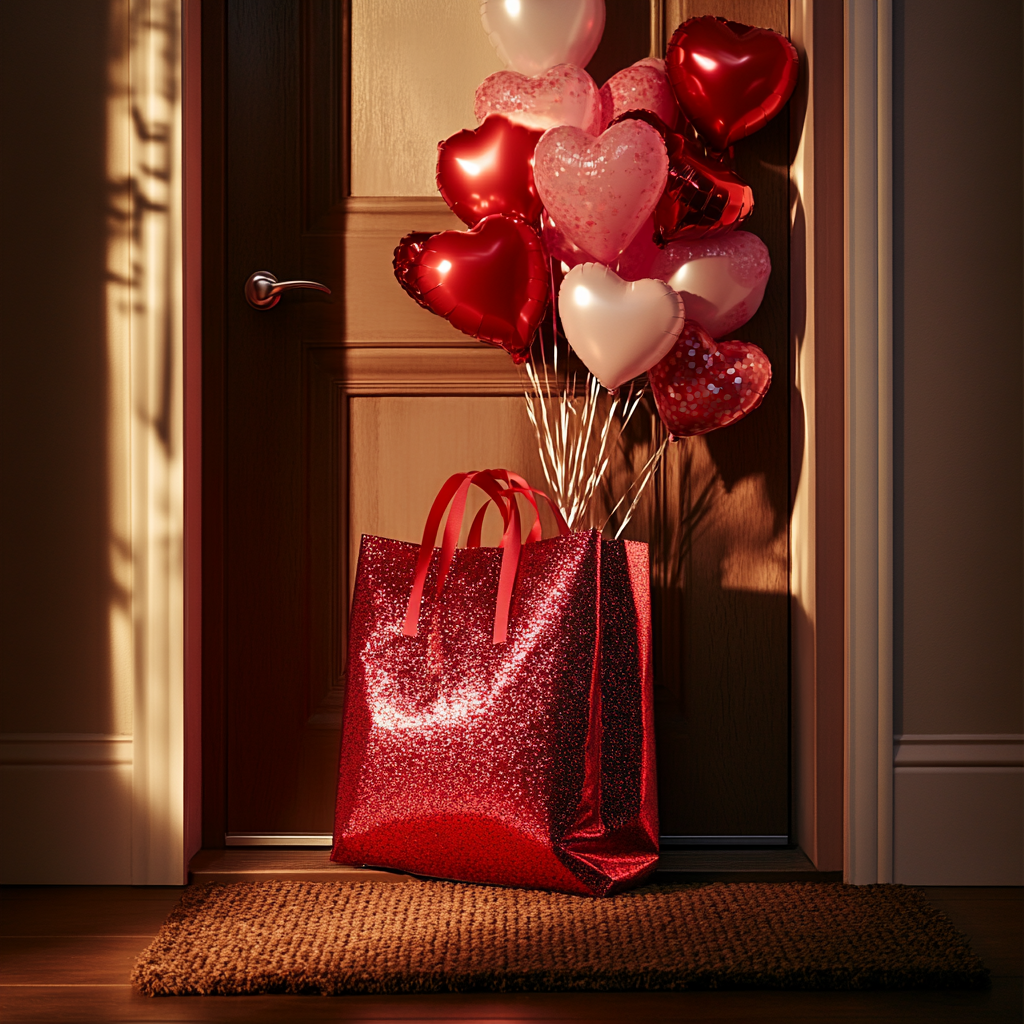 Globos en forma de corazón y una bolsa roja de regalo en la puerta de una casa | Fuente: Midjourney