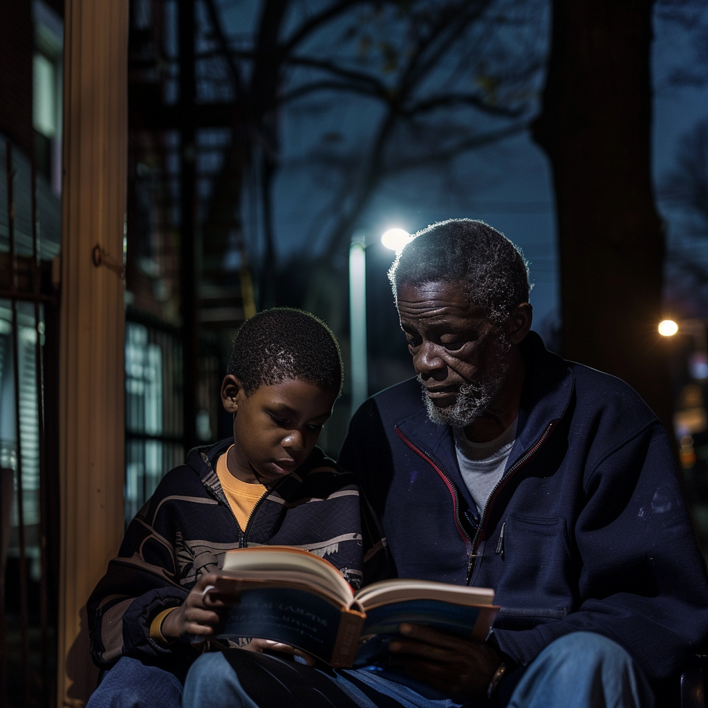 Un negro en la calle enseña a leer un libro a un niño negro sin hogar | Fuente: Midjourney