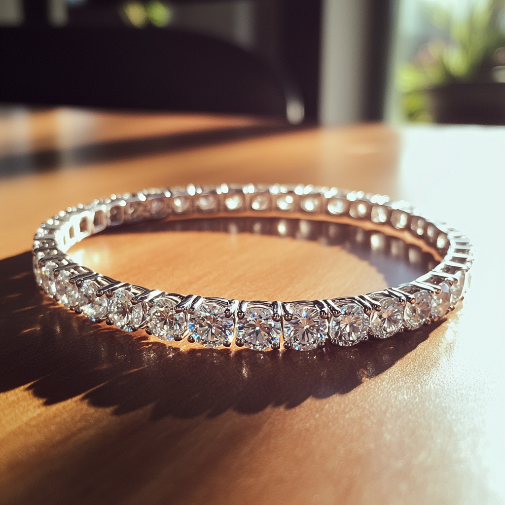 Una pulsera de diamantes sobre una mesa | Fuente: Midjourney