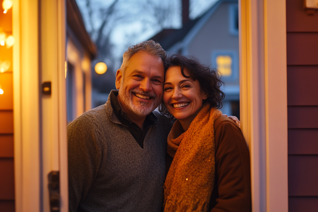 Una pareja en la puerta sonriendo | Fuente: Midjourney