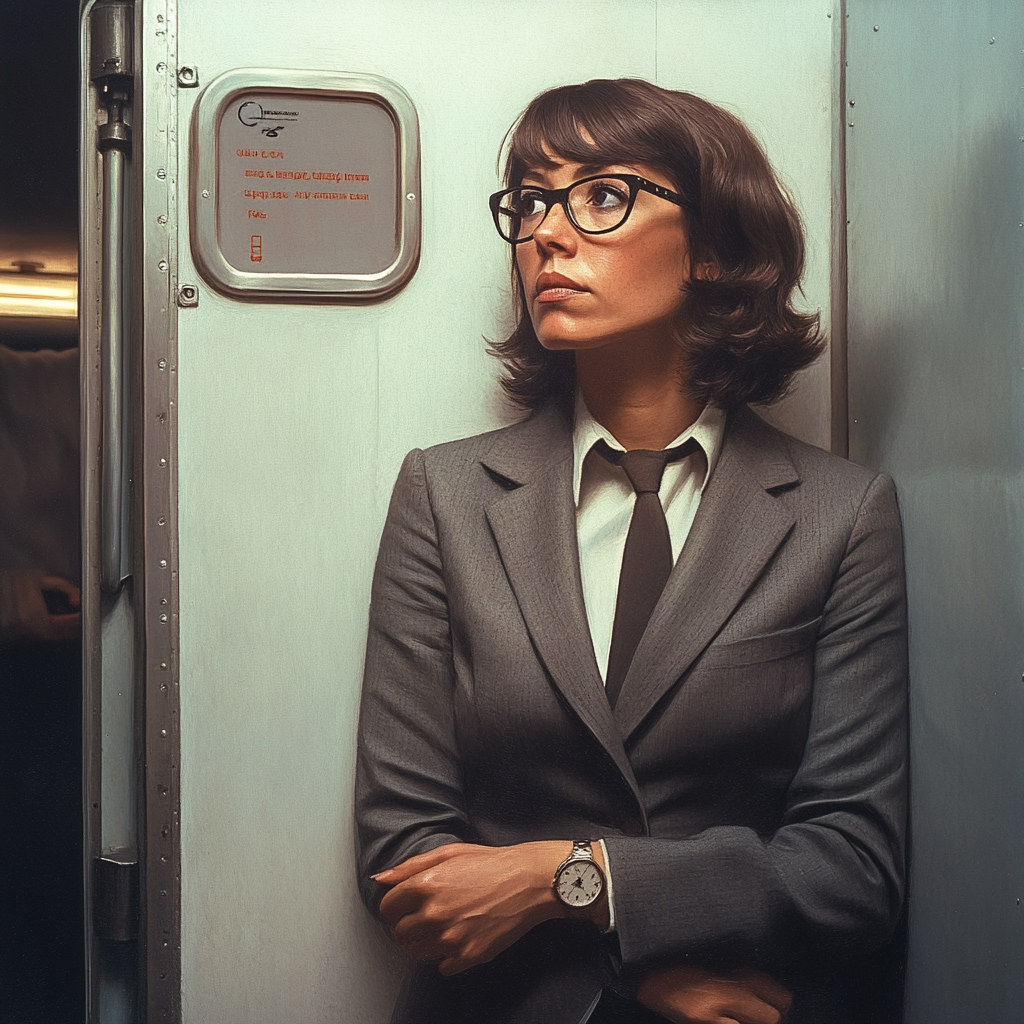 Mujer esperando impaciente su turno en el aseo del avión | Fuente: Midjourney