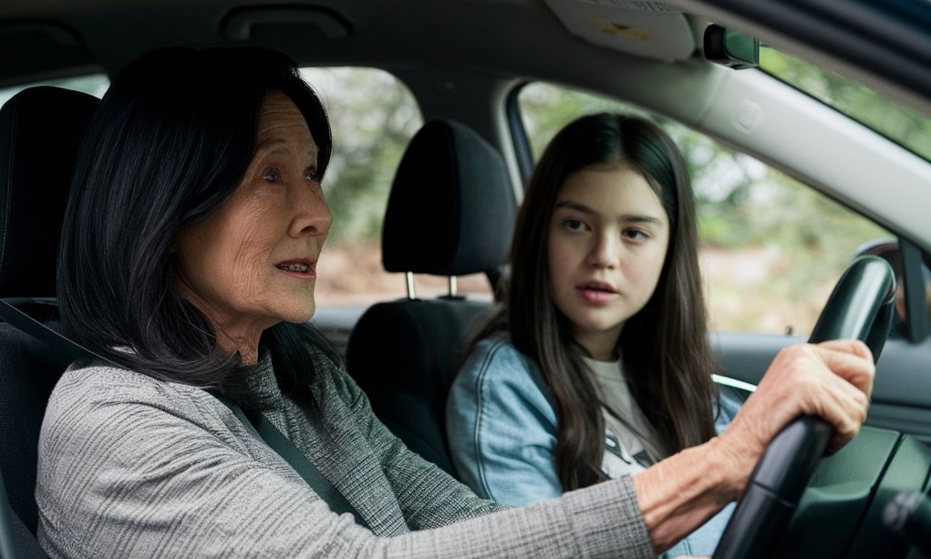 Una mujer conduce, hablando con la niña sentada a su lado | Fuente: Midjourney