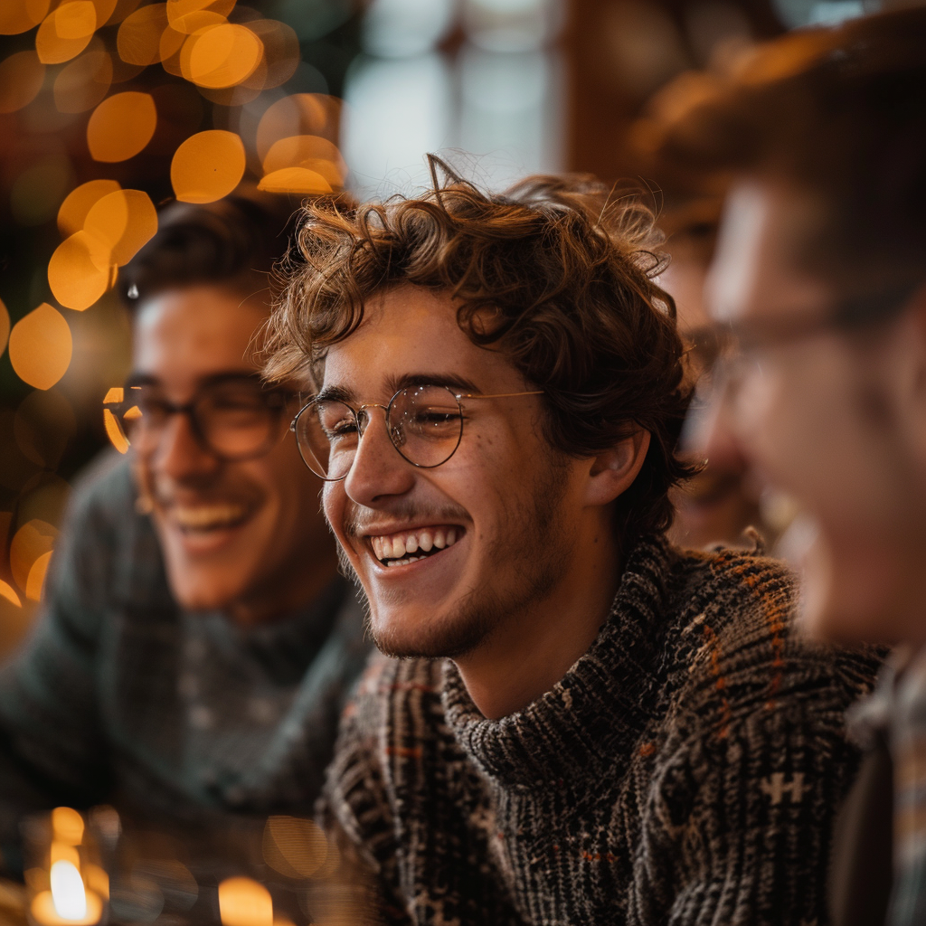 Primer plano de unos jóvenes riendo durante una reunión navideña | Fuente: Midjourney