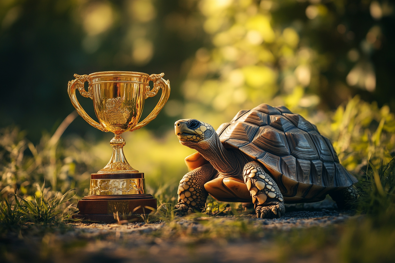 Una tortuga junto a un trofeo de ganador | Fuente: Midjourney