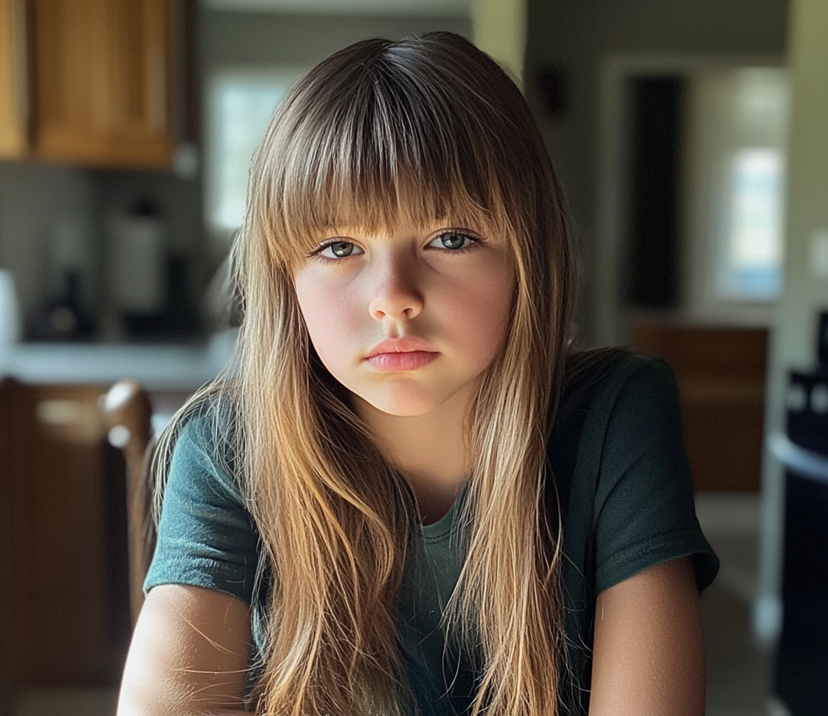 Una niña sentada a la mesa de la cocina | Fuente: Midjourney