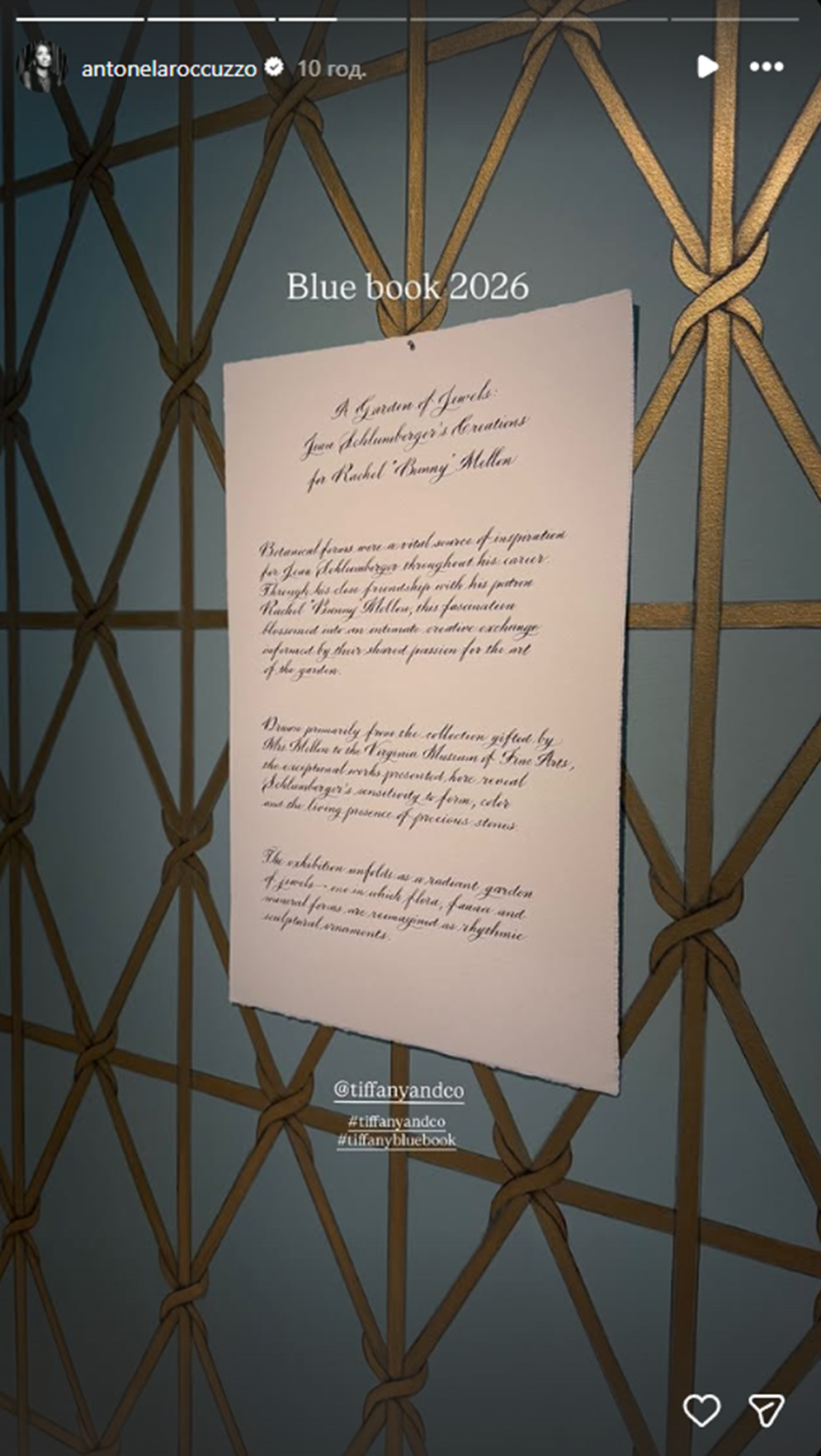 Un cartel dispuesto sobre una superficie con diseños dorados | Fuente: Instagram Stories/antonelaroccuzzo