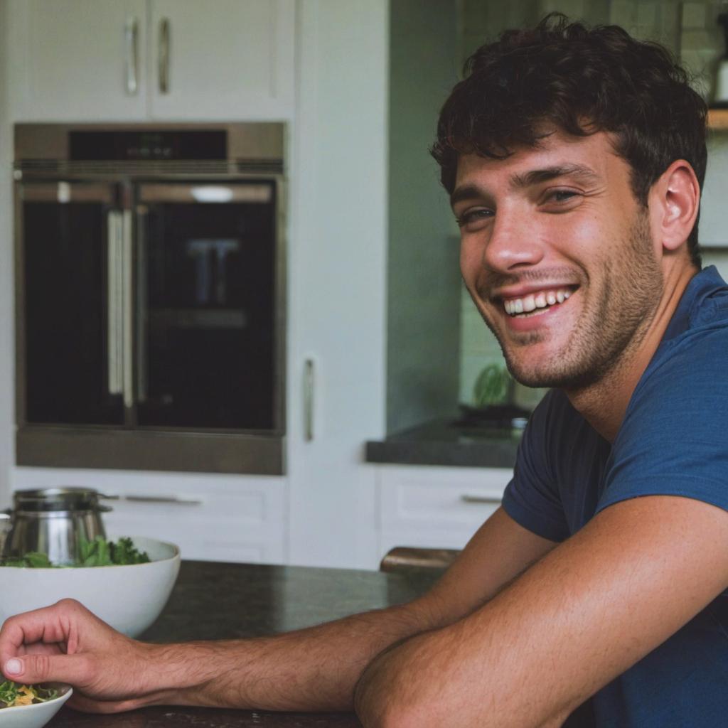 Un hombre sentado a la mesa de la cocina, sonriendo felizmente | Fuente: Midjourney